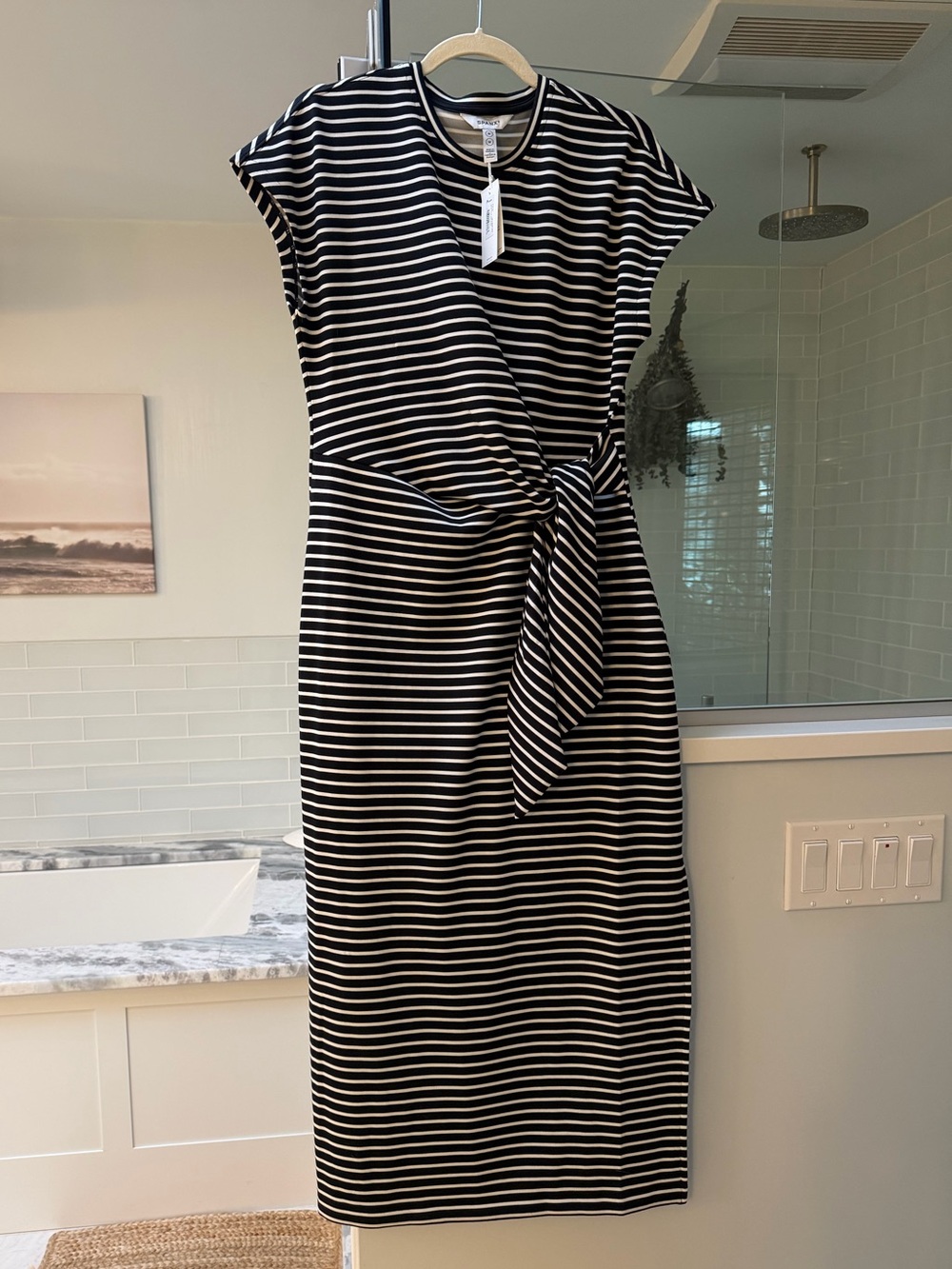 New with Tags Spanx Air Essentials Black and White Striped Tie-Waist Maxi Dress